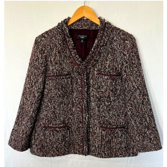 Talbots Tweed Blazer Jacket Womens Sz 14P Petite Wool Blend Fringe Lined - Picture 1 of 10